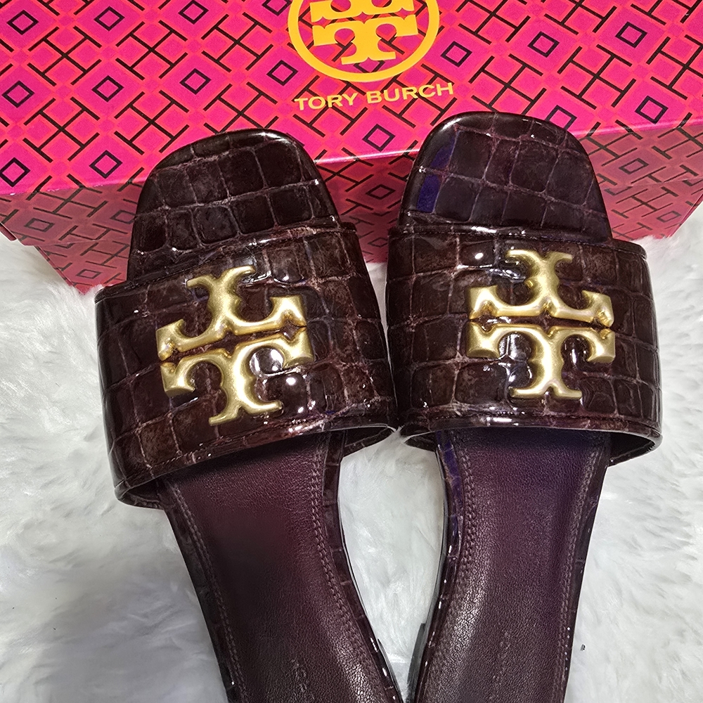 Tory Burch Dark Brown Sandals with Gold Emblem